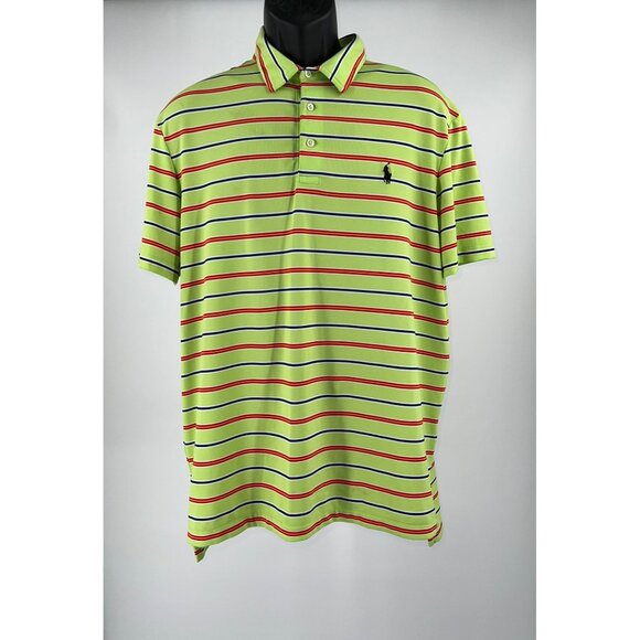 Polo Ralph Lauren Mens S/S 3 Button Performance Polo Shirt Large Striped Poly Bl - Picture 1 of 4